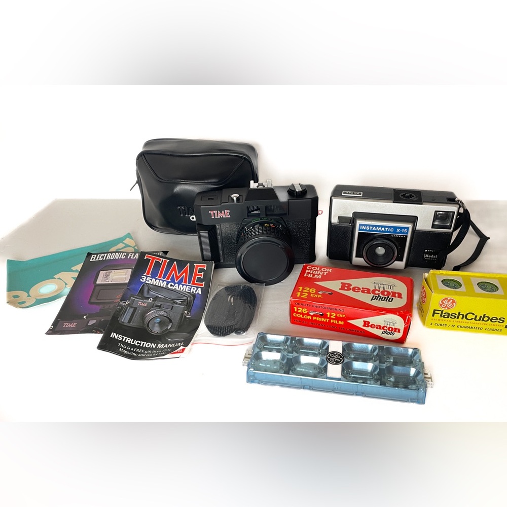 Lot Of 2 Vintage Cameras Promotional Time 35mm Camera & Kodak Instamatic X-15